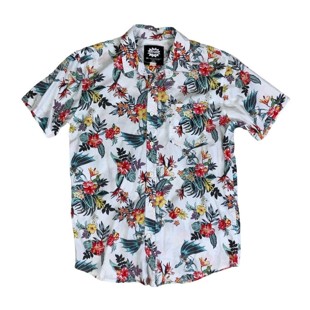 Vintage 90s DC Comics Batman Classic TV Series Hawaiian Floral White Short Sleeved Shirt M