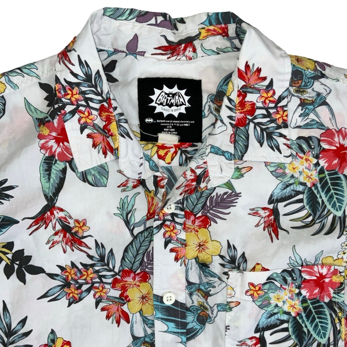 Vintage 90s DC Comics Batman Classic TV Series Hawaiian Floral White Short Sleeved Shirt M