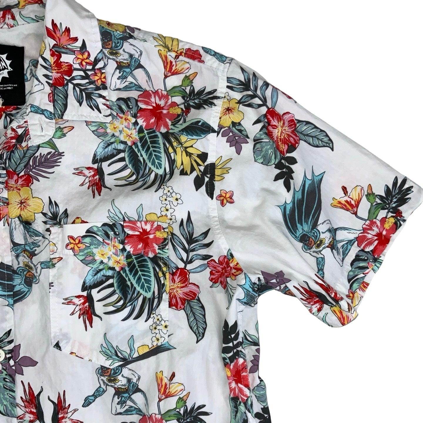 Vintage 90s DC Comics Batman Classic TV Series Hawaiian Floral White Short Sleeved Shirt M