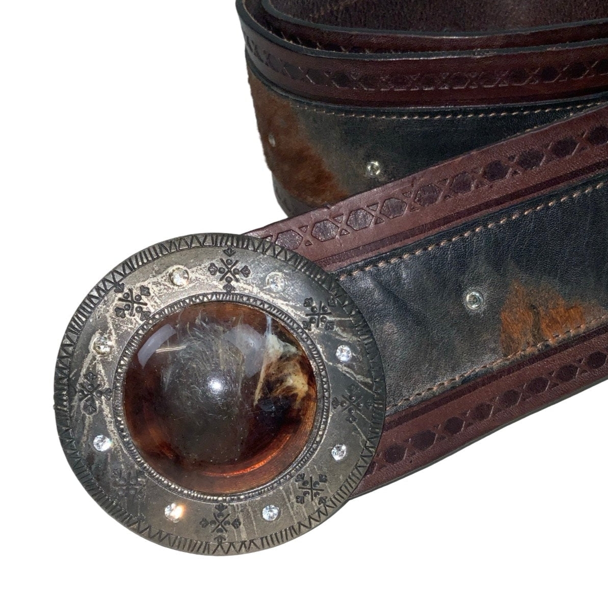 Vintage 70s 80s ‘Carl Colucci’ Brown Leather Cow Print Stud Buckle Belt