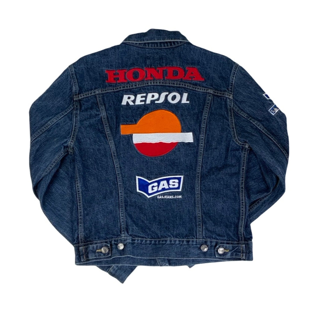 Vintage 90s Blue Jeans GAS Honda Embroidered Denim Jacket S M