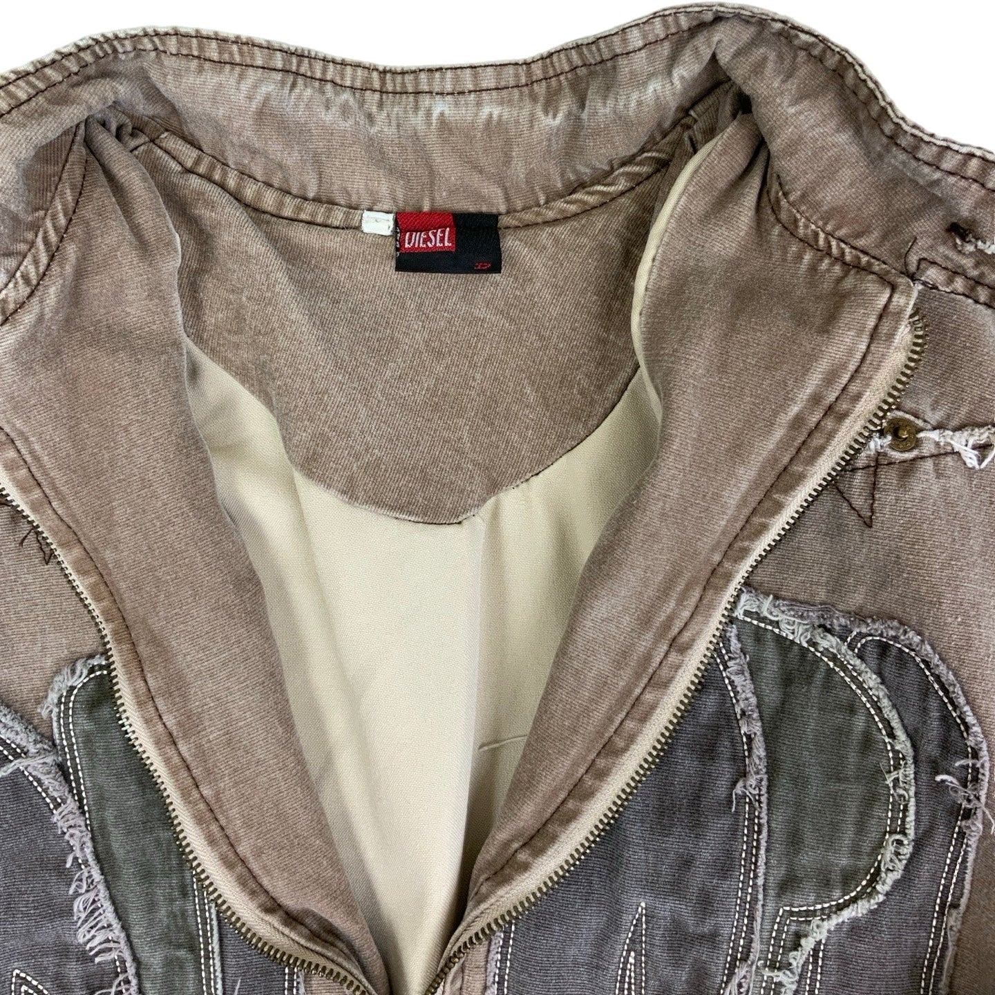 Vintage RARE 90s ‘Diesel’ Brown Grey Embroidered Bomber Denim Jacket UK 6 8 10 S