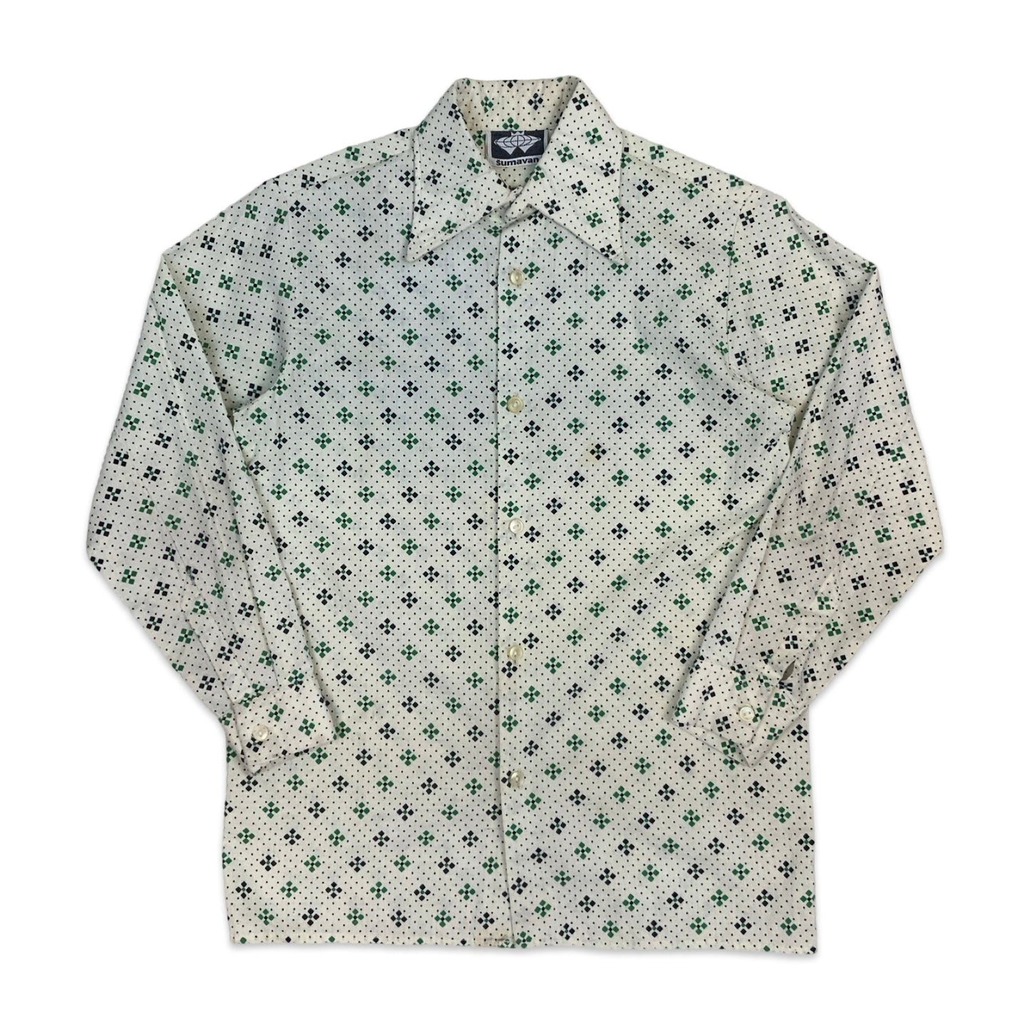 70s Cream Black & Green Geometric Print Shirt XS S