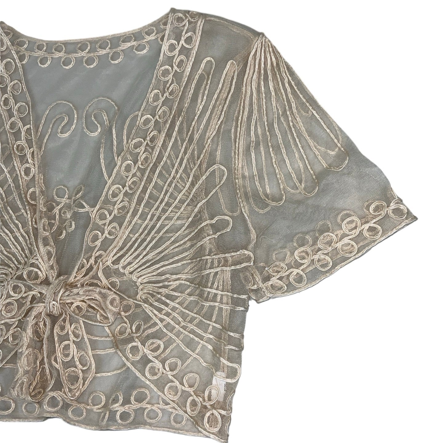 Vintage Y2K Cream Floral Embroidered Crop Tie-Top Bolero Blouse 6 8 XS
