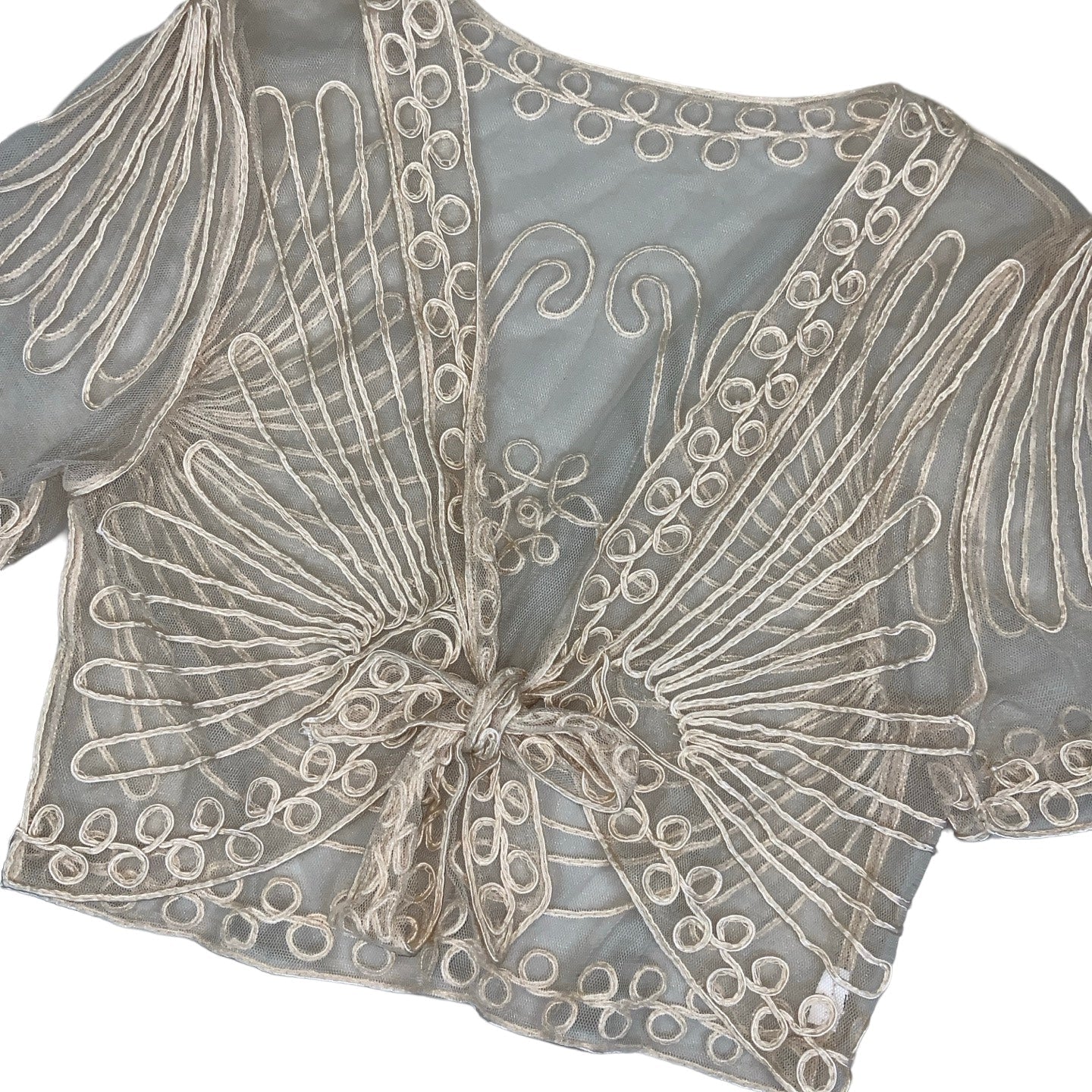 Vintage Y2K Cream Floral Embroidered Crop Tie-Top Bolero Blouse 6 8 XS