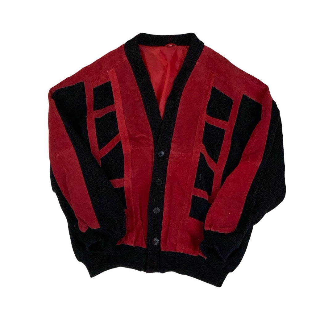 Vintage 80s Red Black Patchwork Suede Cardigan 16 18 L