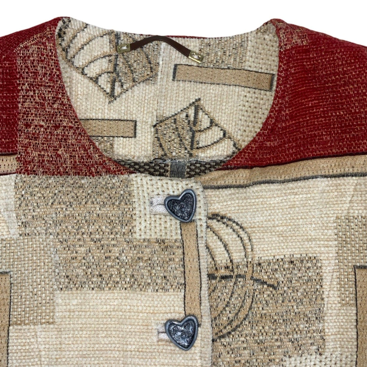 Vintage 80s 90s Red Cream Tapestry Folk Wool Coat Heart Butttons 14 16 18