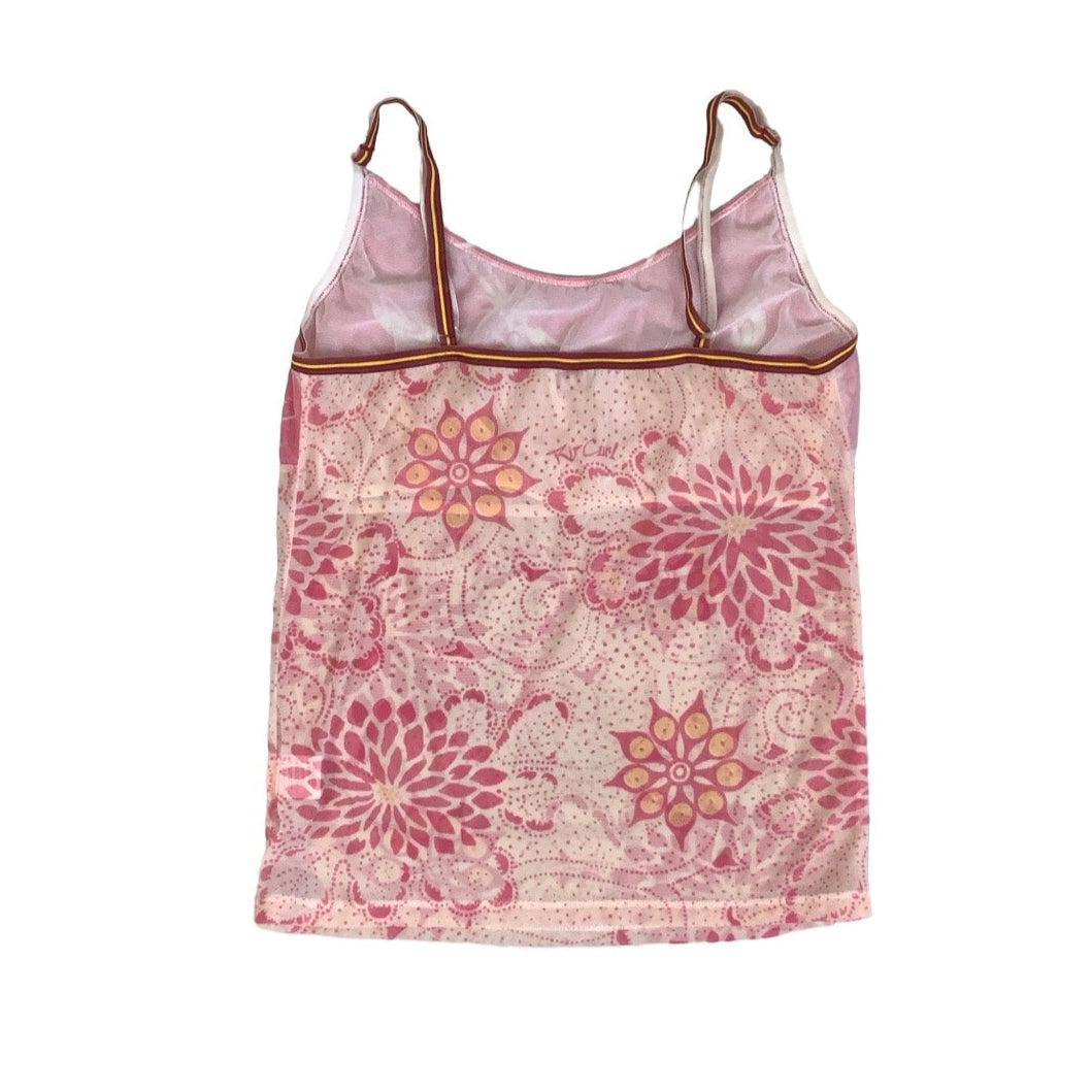 Vintage 90s Y2k ‘Rip Curl’ Pink Spaghetti Cami Mesh Crop Tank Top 4 6