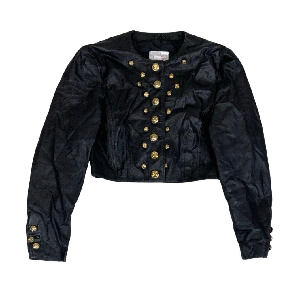 Vintage 80s 90s ‘Mondi’ Black Gold Beaded Crop Leather Jacket 10 12