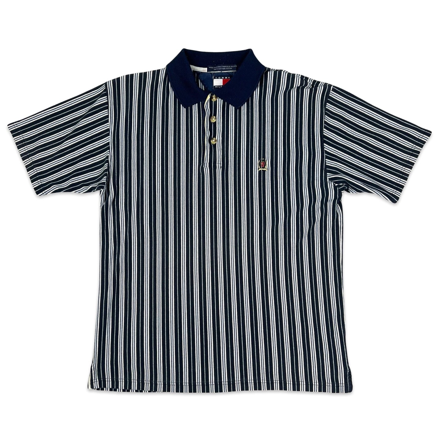 Vintage 90s Tommy Hilfiger Blue & Navy Striped Polo Shirt S M