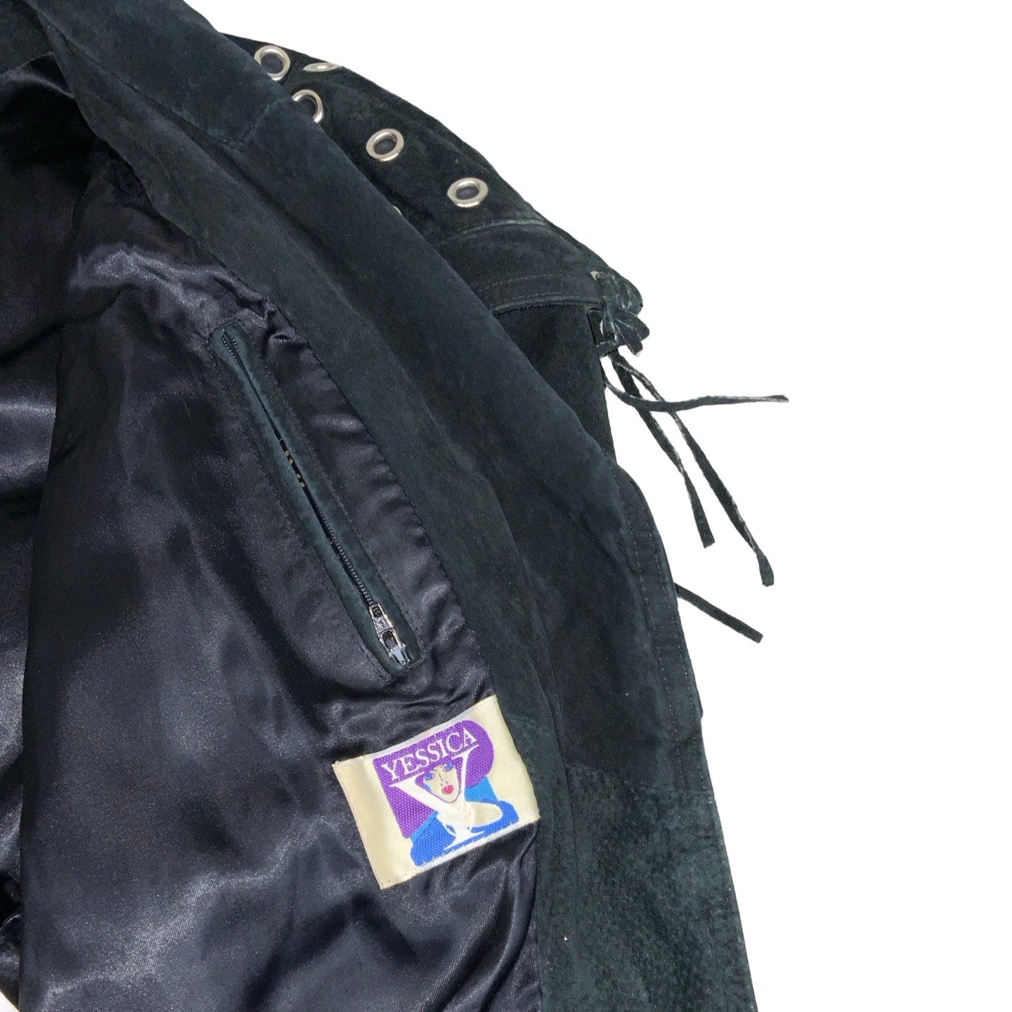 Vintage 90s ‘Yessica’ Black Suede Punk Tassel Studded Leather Jacket 12 14