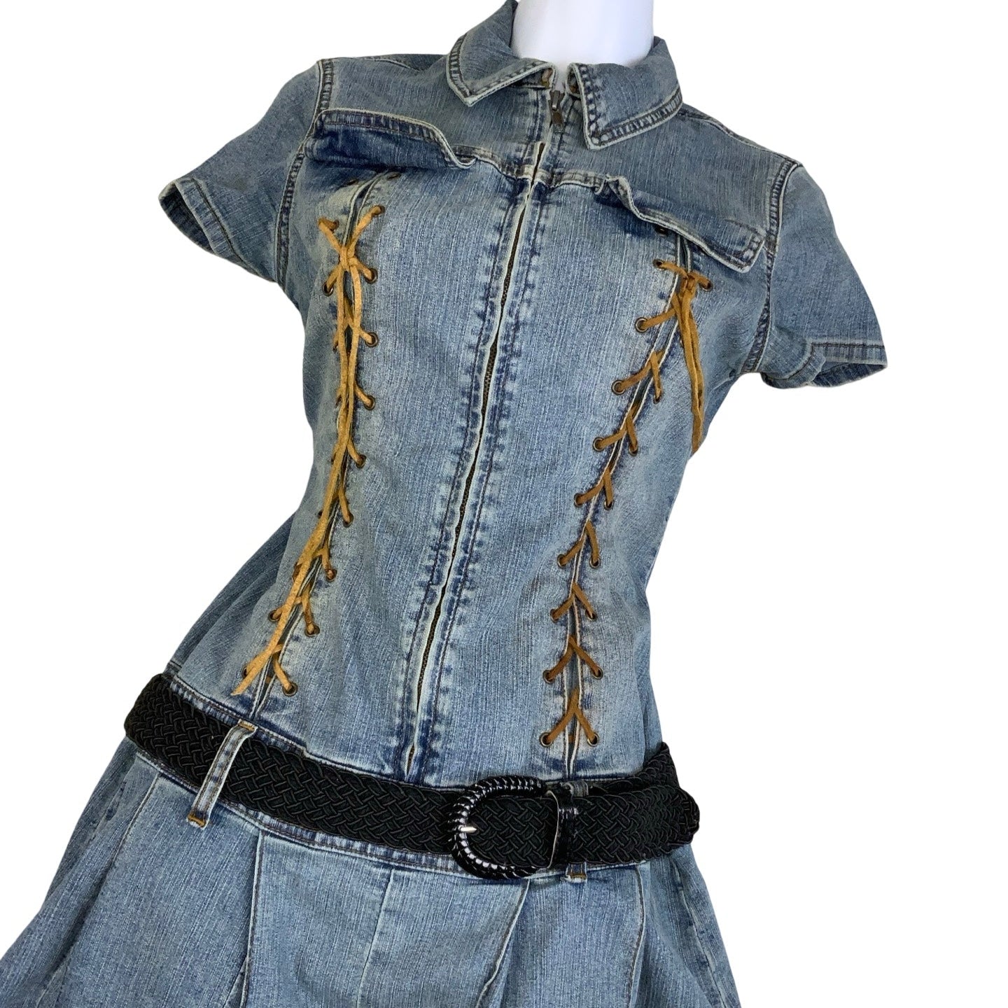 Vintage 2005 ‘Firhine Denim’ Blue Drop Waist Mini Denim Dress 10
