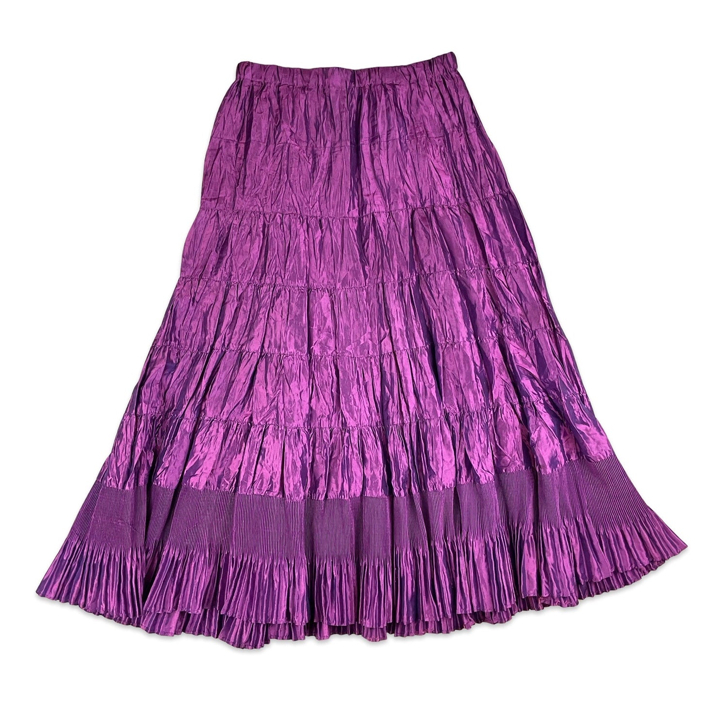 90s Metallic Purple Pleated Flounce Tiered Maxi Skirt