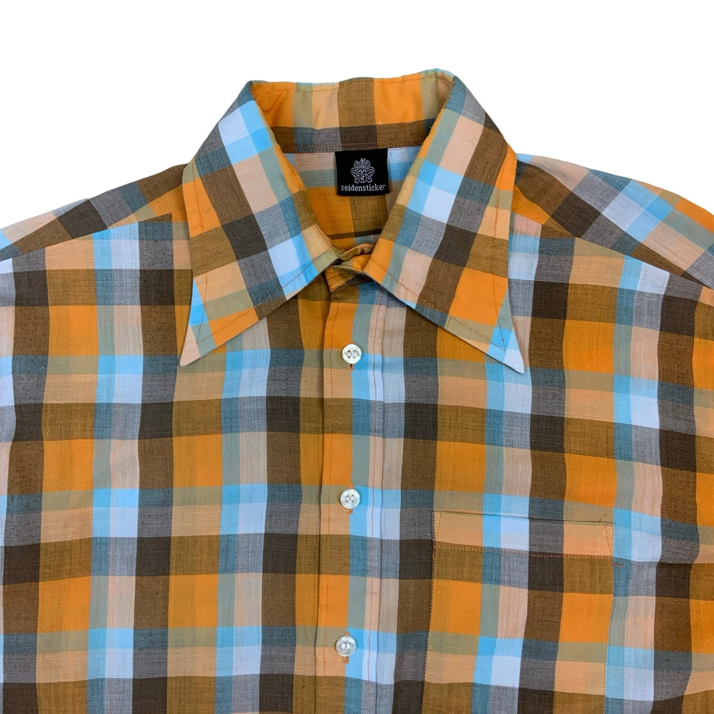70s Orange & Blue Gingham Dagger Collar Shirt L