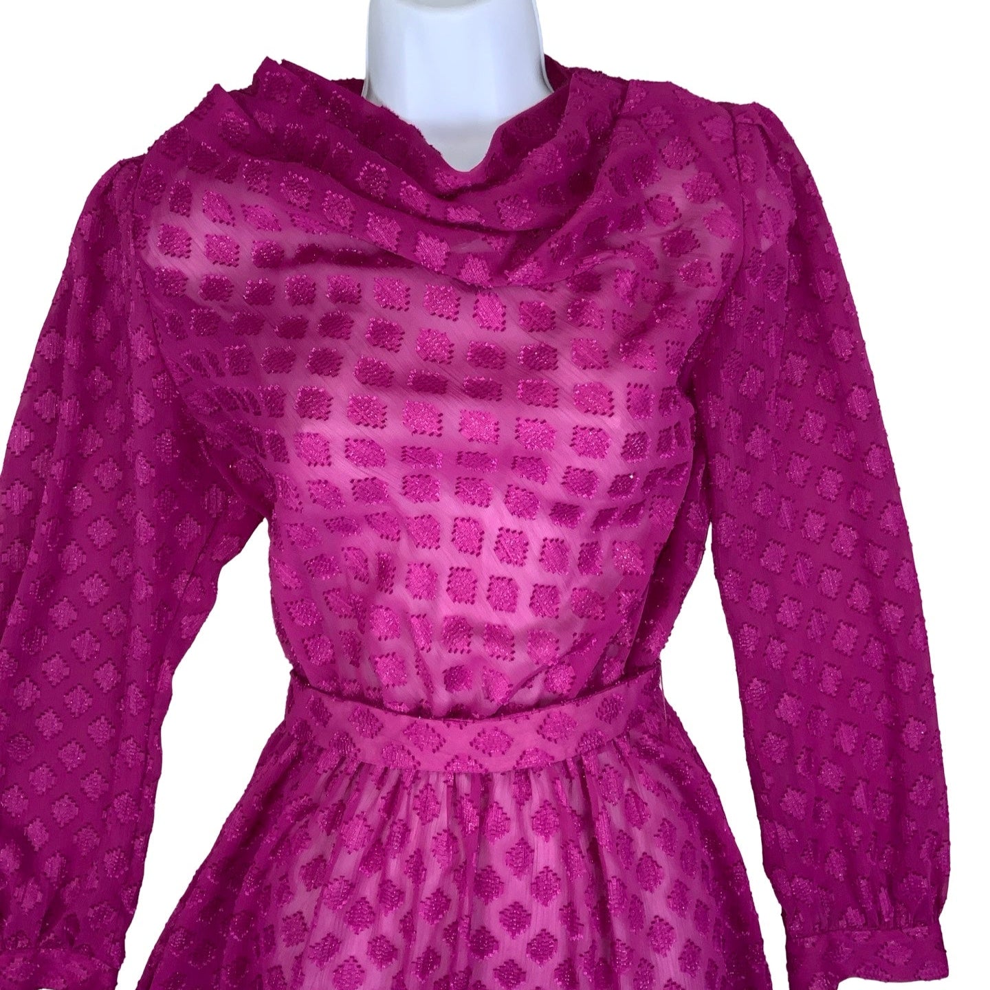 Vintage 70s 80s Pink Textured Diamond Cowl Neck Drop Waist Midi Dress 10 12