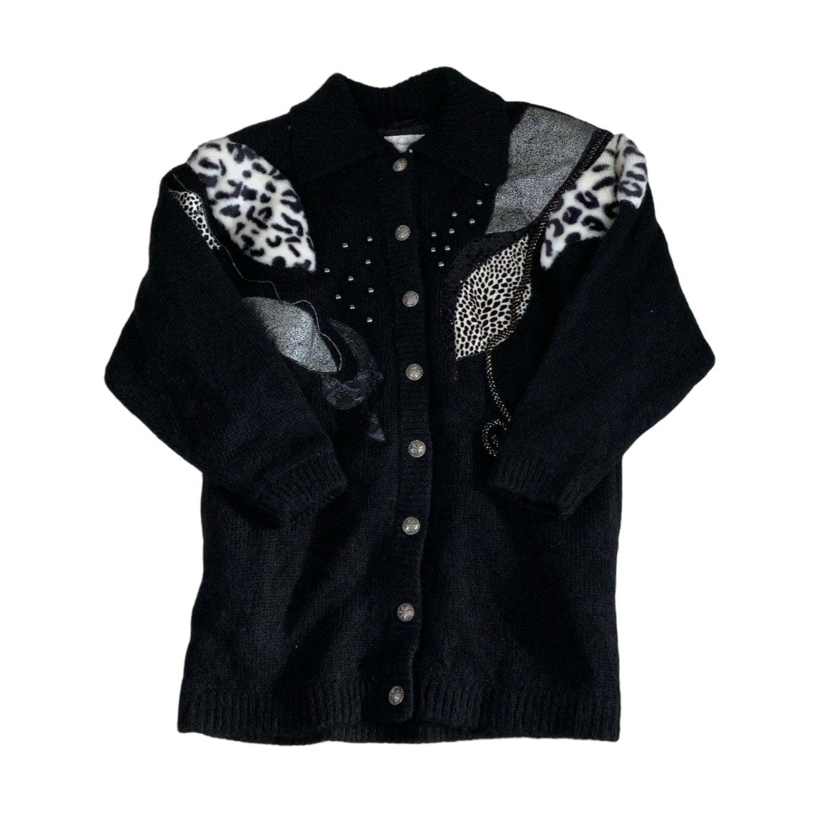 Vintage ‘G. Pisano’ Black Animal Print Beaded Cardigan L 14 16