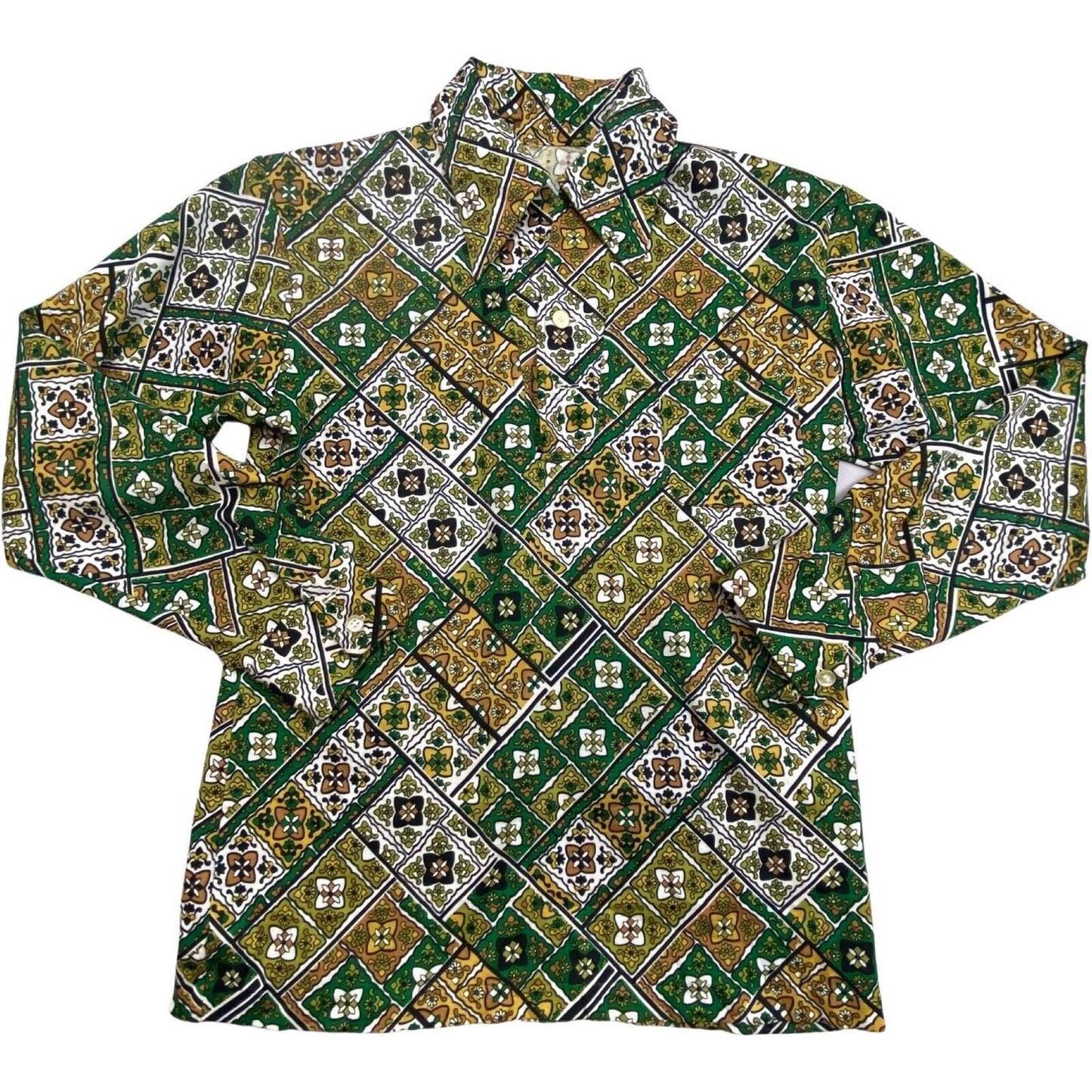 VTG 1970S BIG COLLAR MENS POLY SMOCK SHIRT GEOMETRIC PSYCHEDELIC PRINT 38” (36)