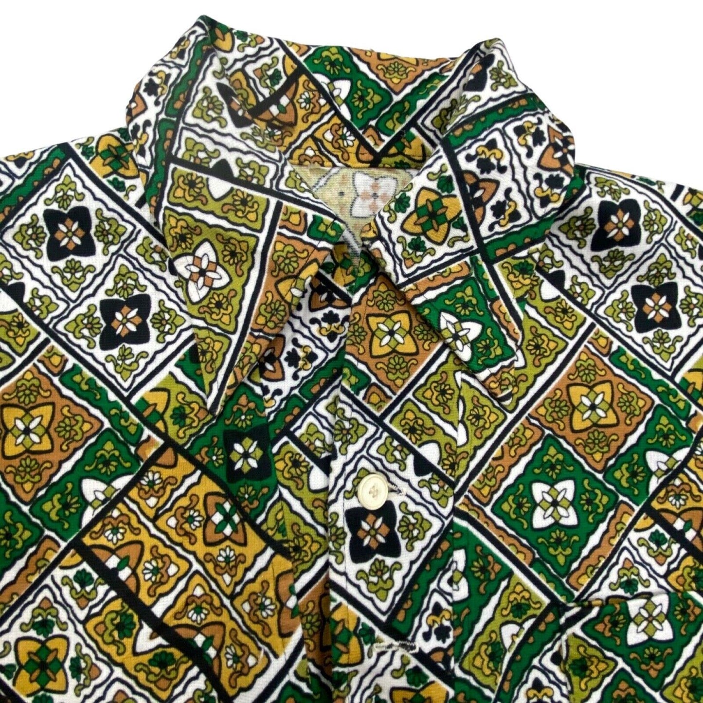 VTG 1970S BIG COLLAR MENS POLY SMOCK SHIRT GEOMETRIC PSYCHEDELIC PRINT 38” (36)
