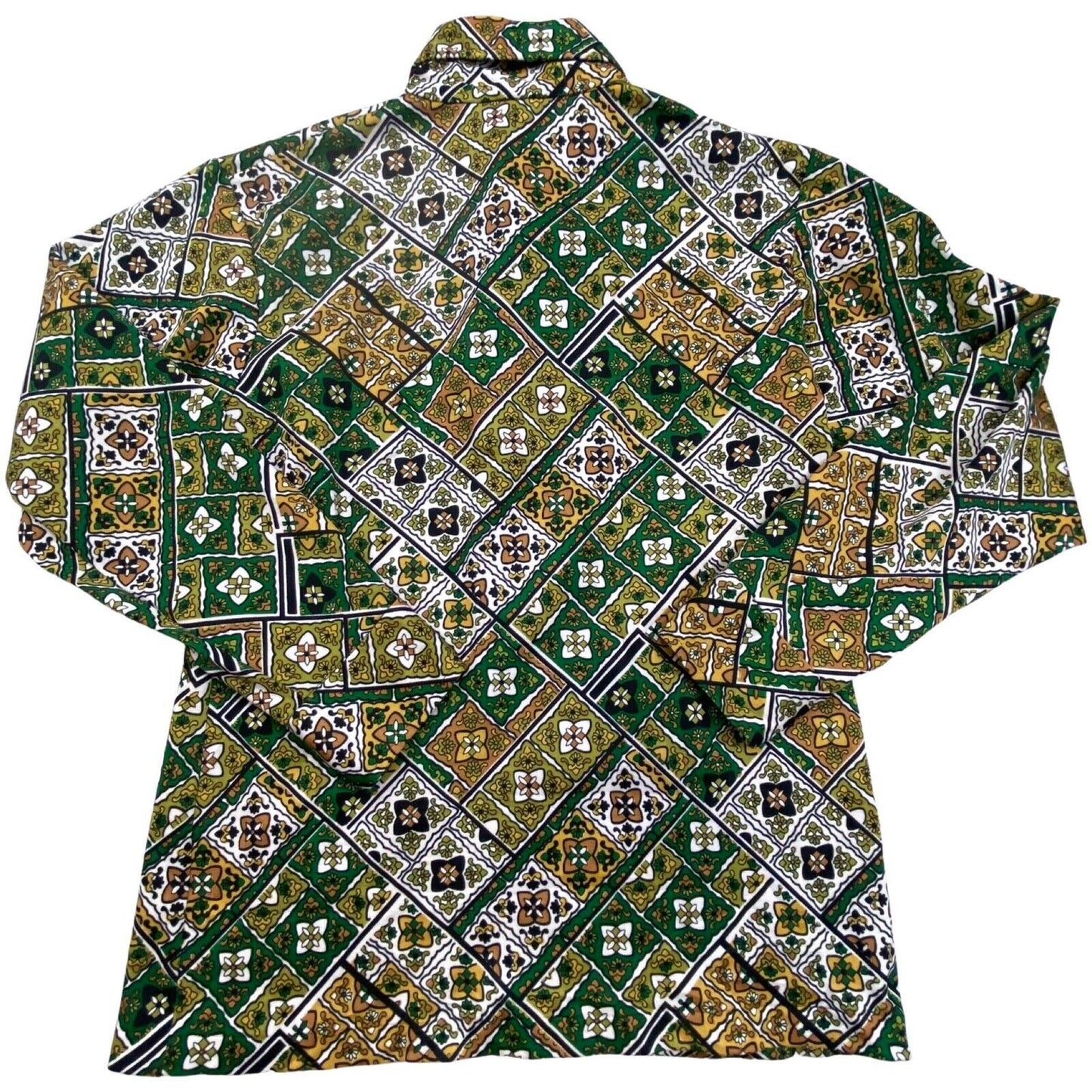 VTG 1970S BIG COLLAR MENS POLY SMOCK SHIRT GEOMETRIC PSYCHEDELIC PRINT 38” (36)