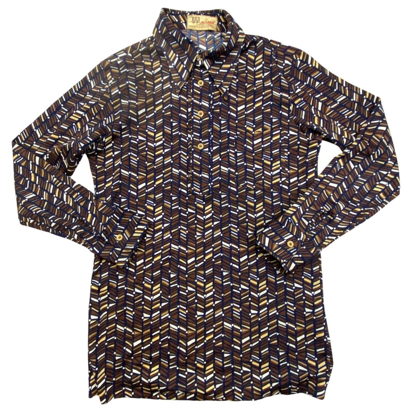 VTG 1970S BIG COLLAR MENS POLY SMOCK SHIRT GEOMETRIC PSYCHEDELIC PRINT 38” (36)