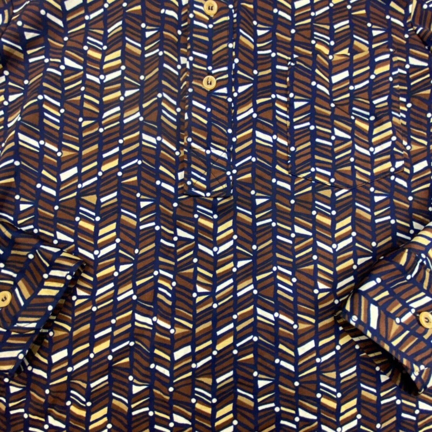 VTG 1970S BIG COLLAR MENS POLY SMOCK SHIRT GEOMETRIC PSYCHEDELIC PRINT 38” (36)