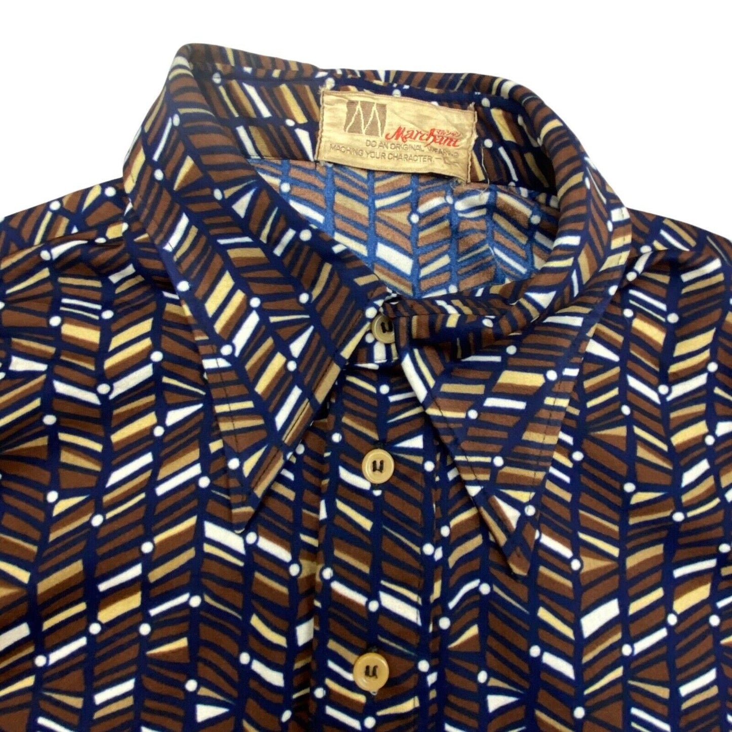VTG 1970S BIG COLLAR MENS POLY SMOCK SHIRT GEOMETRIC PSYCHEDELIC PRINT 38” (36)