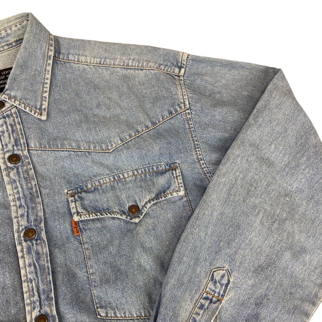 VTG 1970s 80s LEVIS ORANGE TAB MID BLUE LIGHT DENIM WESTERN YOKED SHIRT 40” M