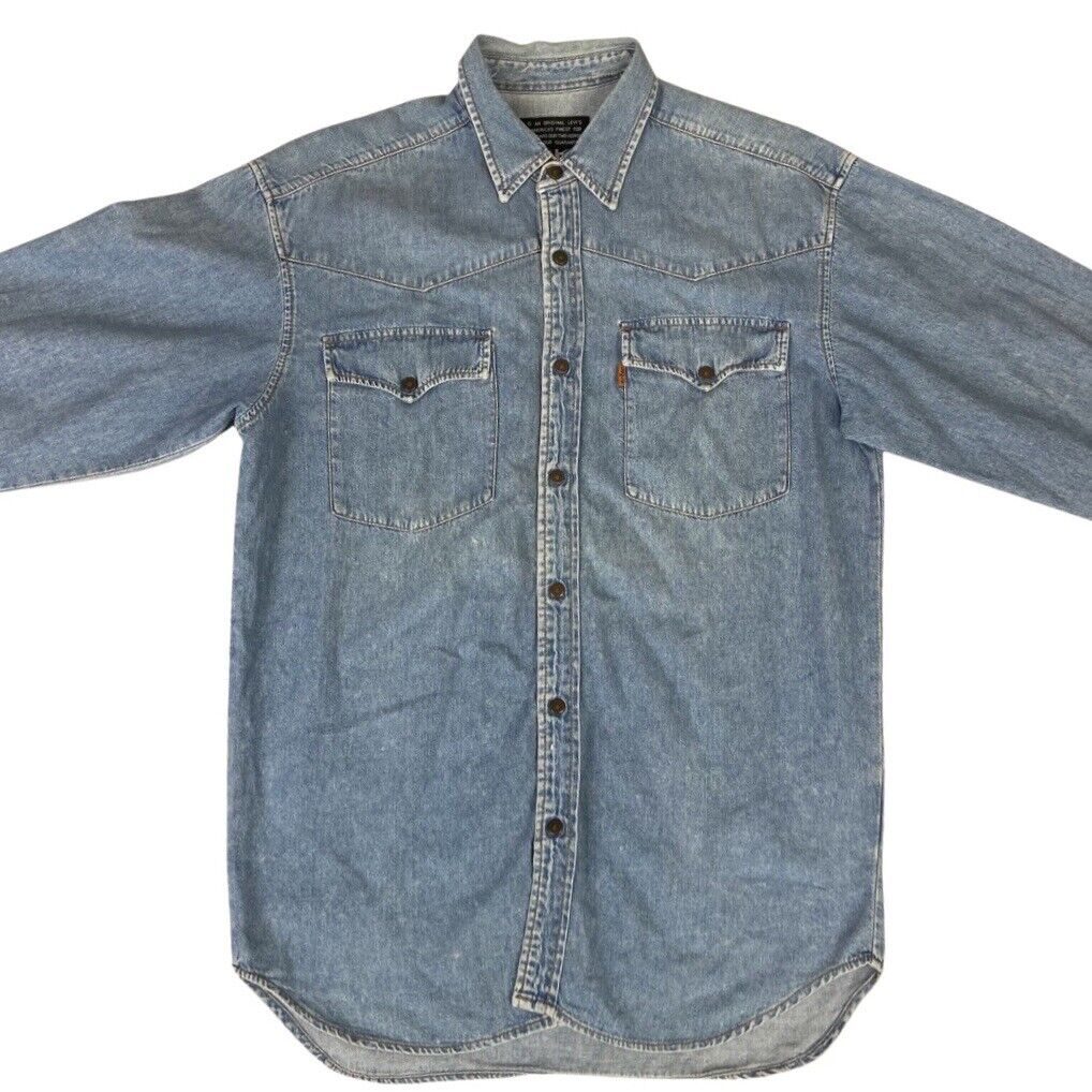 VTG 1970s 80s LEVIS ORANGE TAB MID BLUE LIGHT DENIM WESTERN YOKED SHIRT 40” M