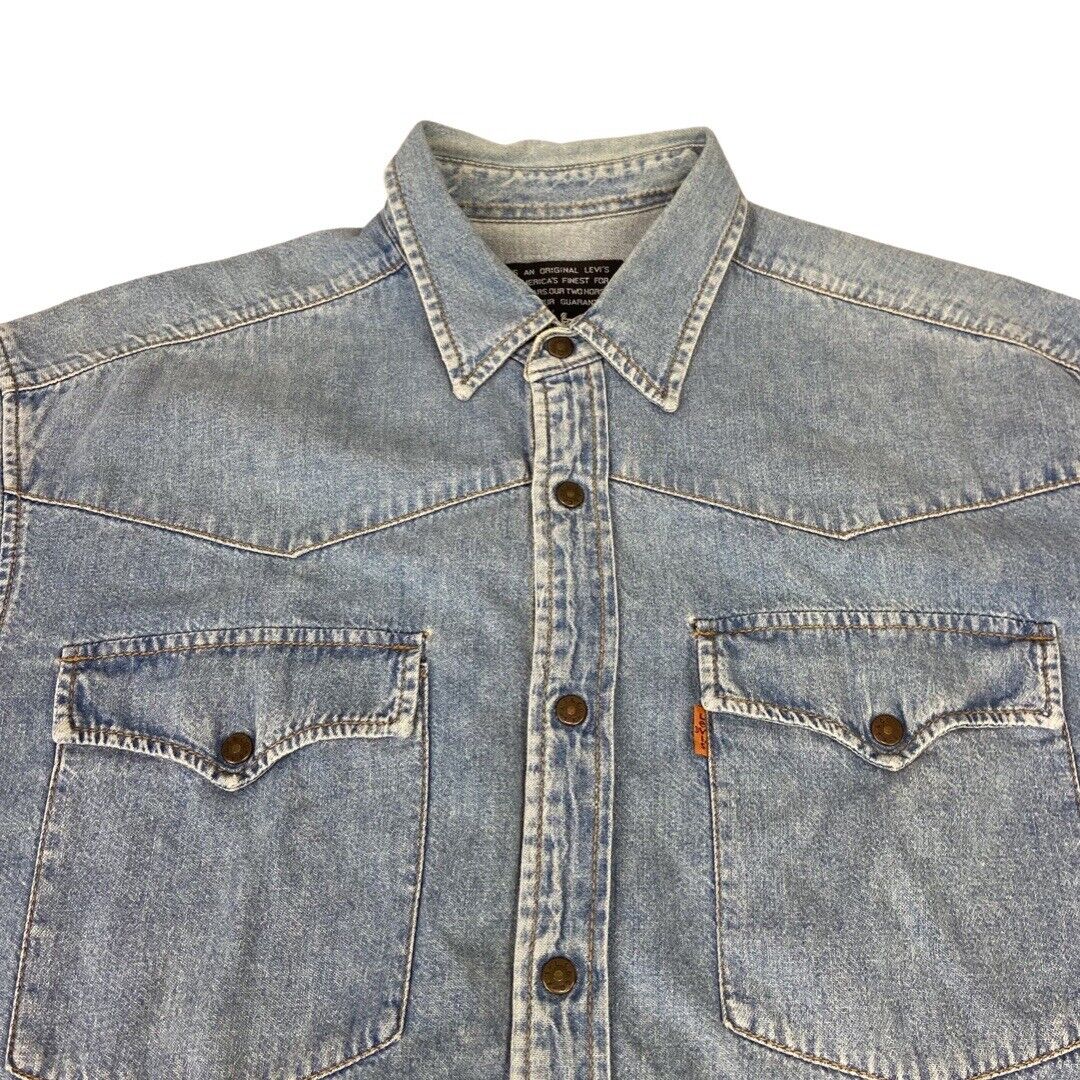 VTG 1970s 80s LEVIS ORANGE TAB MID BLUE LIGHT DENIM WESTERN YOKED SHIRT 40” M