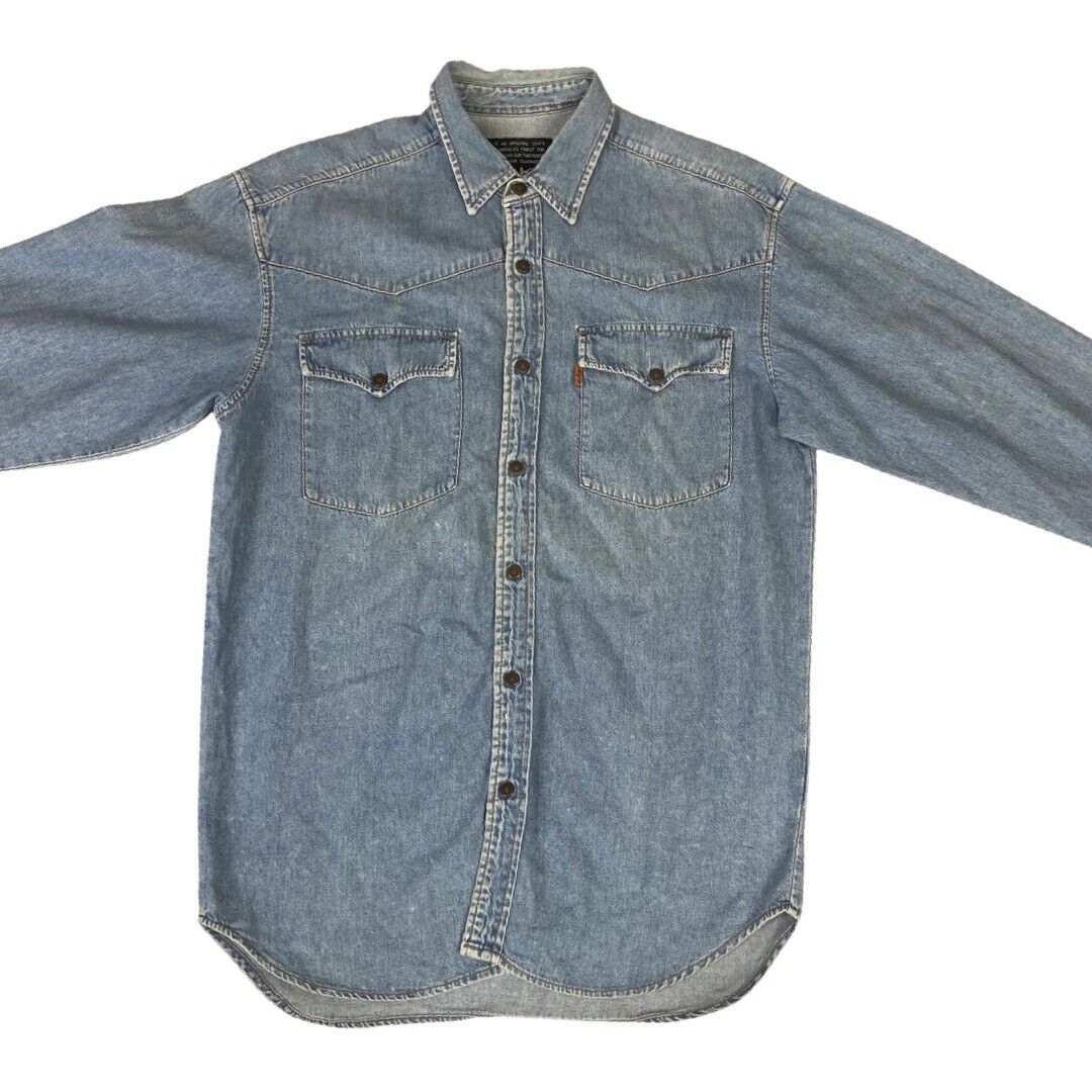 VTG 1970s 80s LEVIS ORANGE TAB MID BLUE LIGHT DENIM WESTERN YOKED SHIRT 40” M