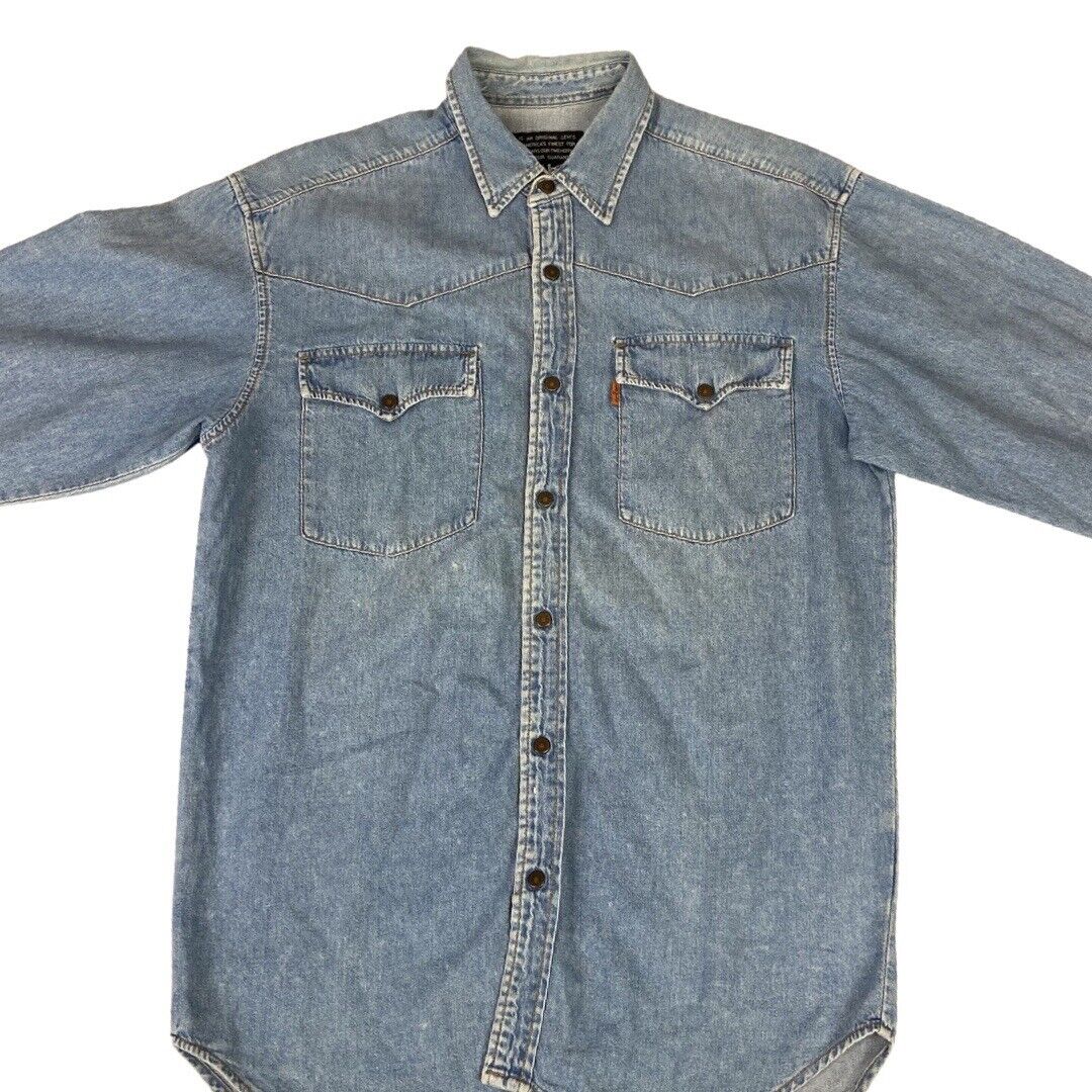 VTG 1970s 80s LEVIS ORANGE TAB MID BLUE LIGHT DENIM WESTERN YOKED SHIRT 40” M