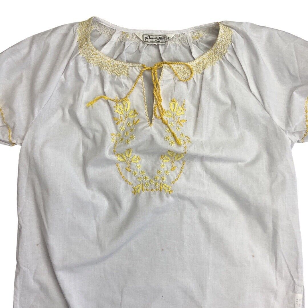 Vintage 90s00s WhiteYellow Embroidered Floral Motif Tunic Smock Blouse Top M/L