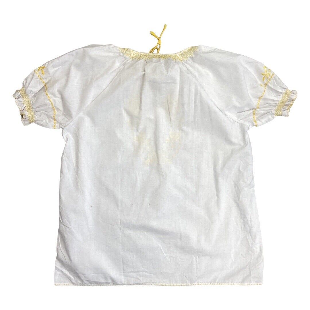Vintage 90s00s WhiteYellow Embroidered Floral Motif Tunic Smock Blouse Top M/L