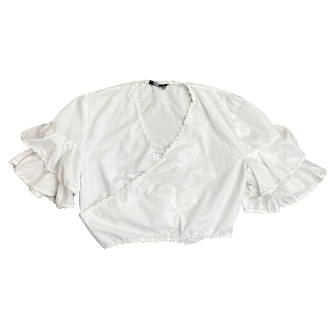 Vintage 90s00s White Cropped Cotton Cross Wrap Tie Up Blouse Top M 12/14