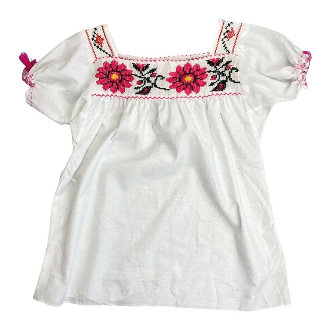Vintage 80s90s White Cross Stitch Floral Handmade Tunic Smock Blouse Top L 14/16