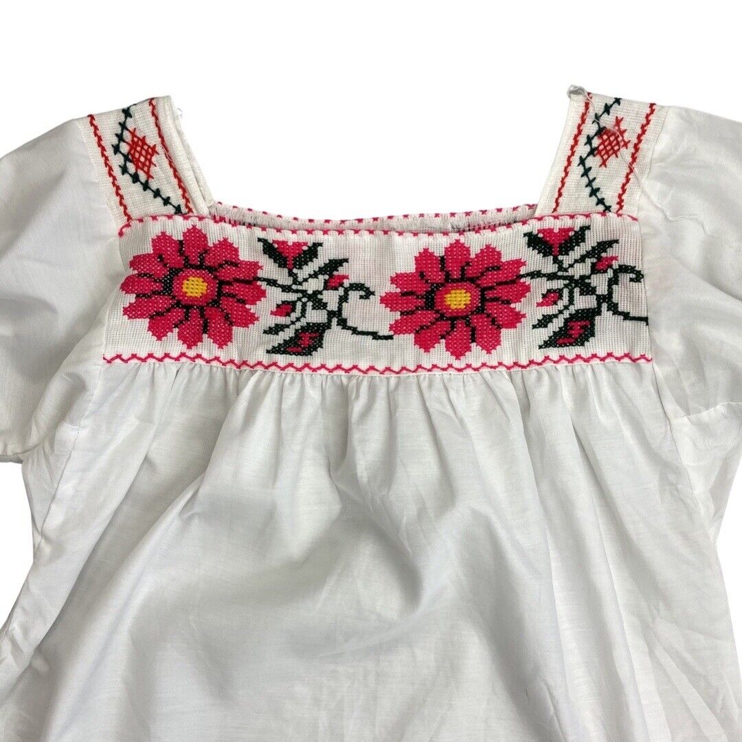 Vintage 80s90s White Cross Stitch Floral Handmade Tunic Smock Blouse Top L 14/16