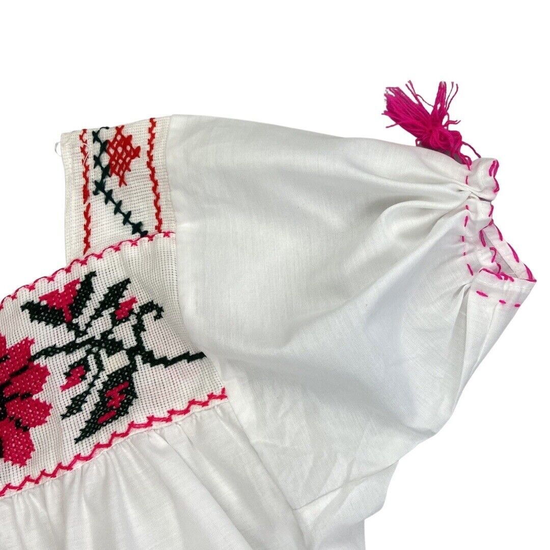 Vintage 80s90s White Cross Stitch Floral Handmade Tunic Smock Blouse Top L 14/16