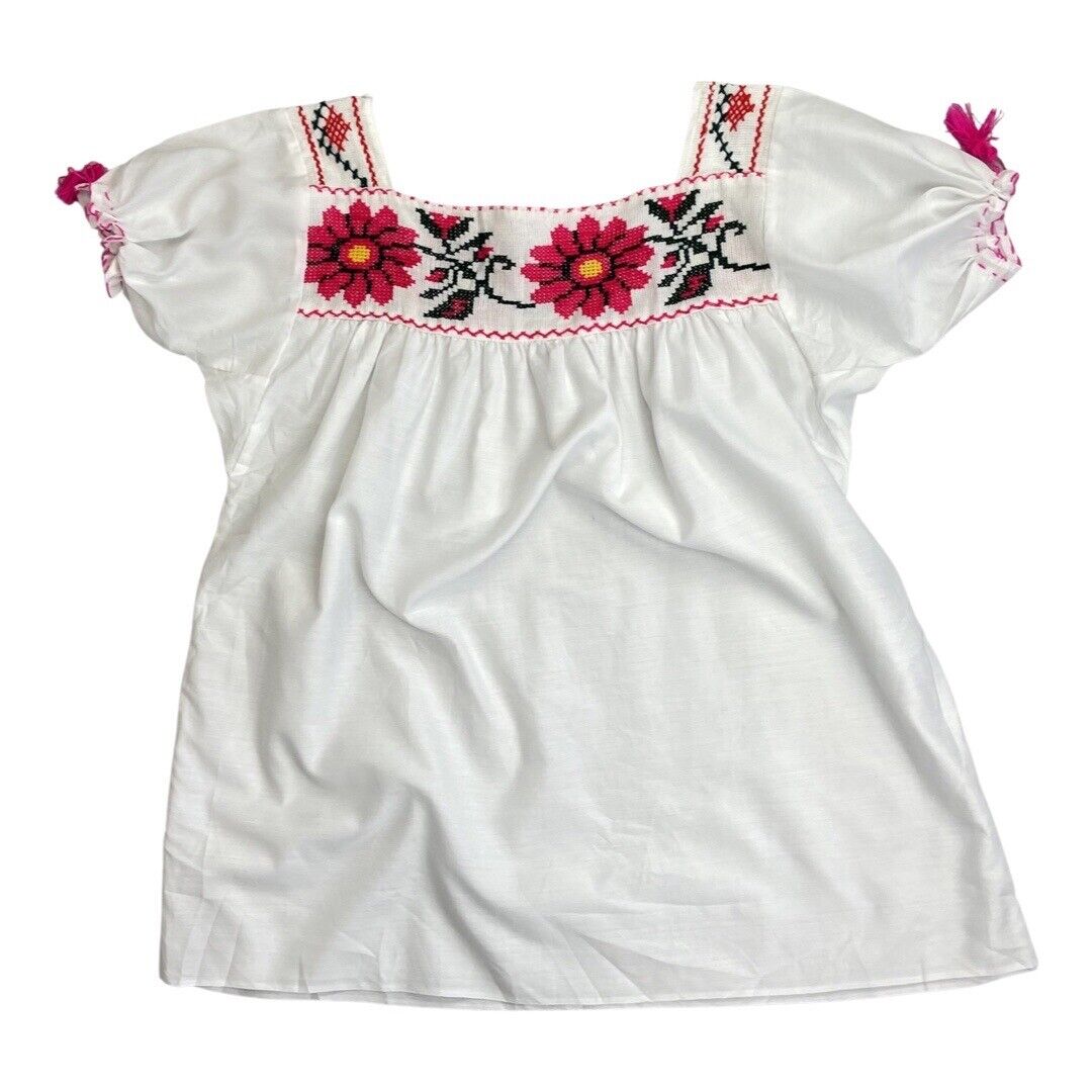 Vintage 80s90s White Cross Stitch Floral Handmade Tunic Smock Blouse Top L 14/16