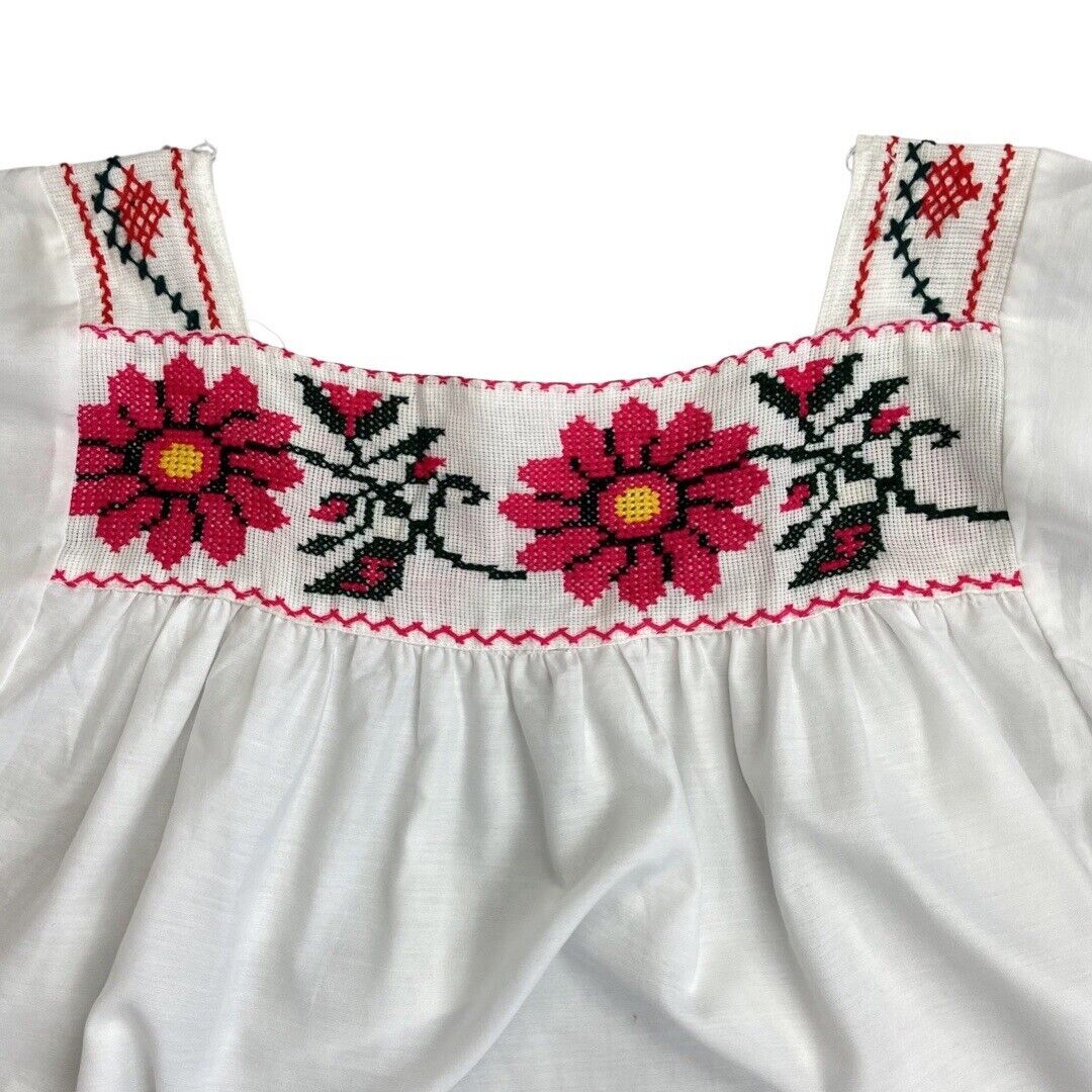 Vintage 80s90s White Cross Stitch Floral Handmade Tunic Smock Blouse Top L 14/16