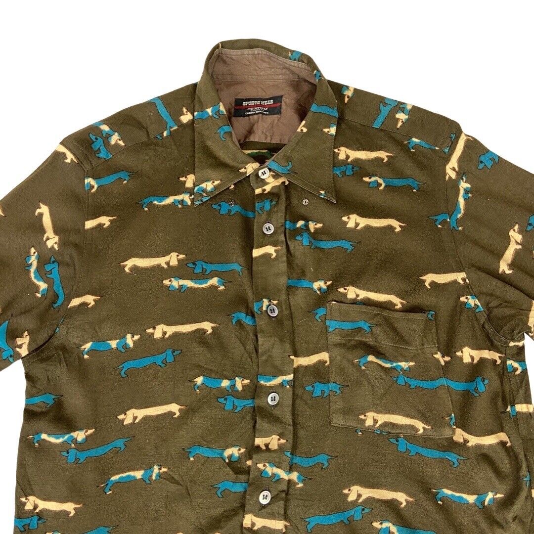 VINTAGE 1970s BROWN DACHSHUND SAUSAGE DOG SHIRT DISCO NOVELTY KITSCH 36” S