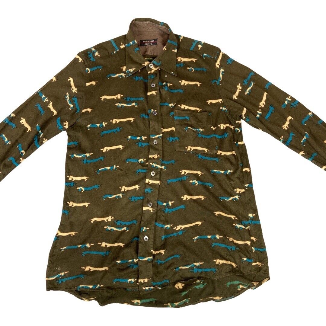VINTAGE 1970s BROWN DACHSHUND SAUSAGE DOG SHIRT DISCO NOVELTY KITSCH 36” S