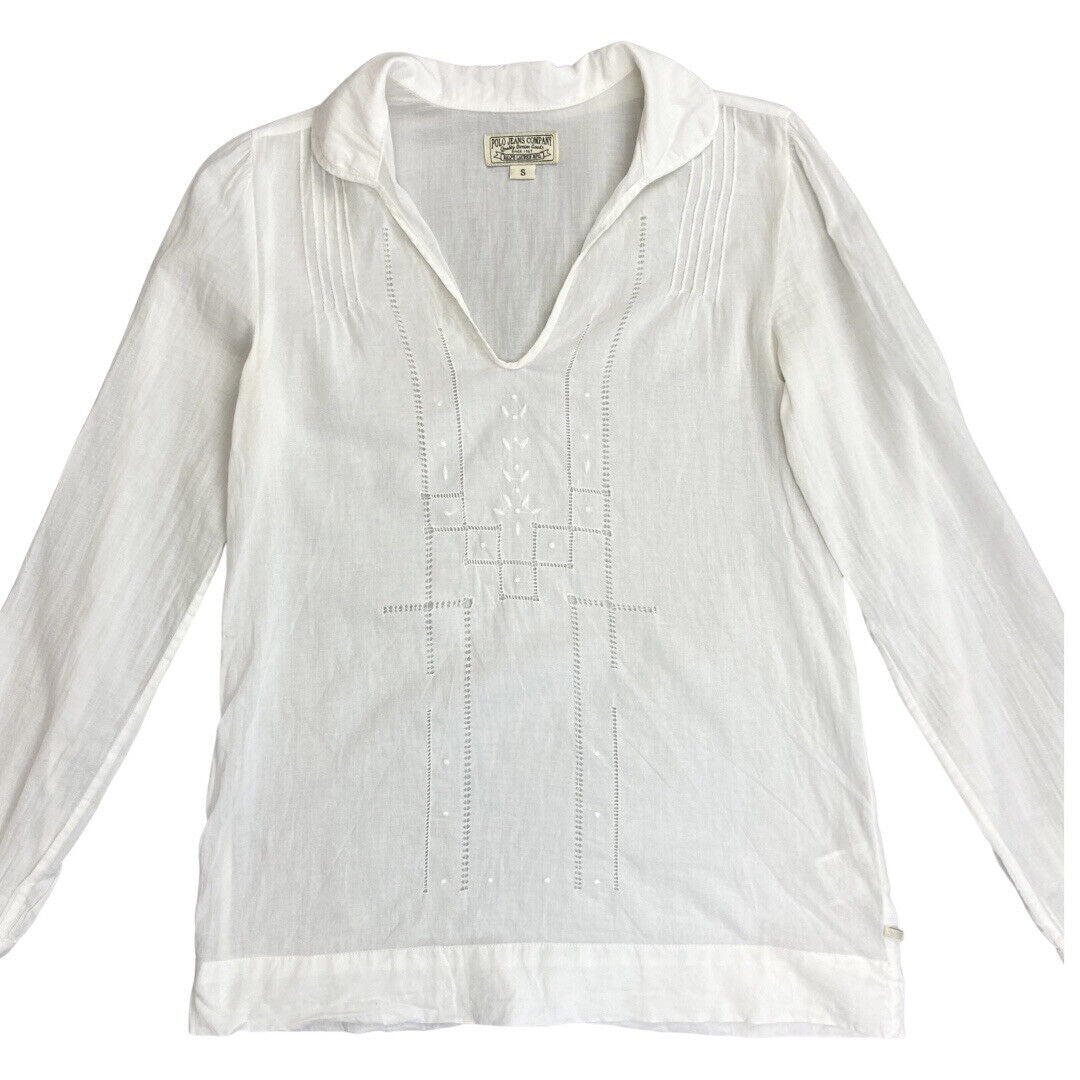 Vintage 90s 00s White Polo Jeans Co Ralph Lauren Long Sleeve Blouse Shirt S 8/10