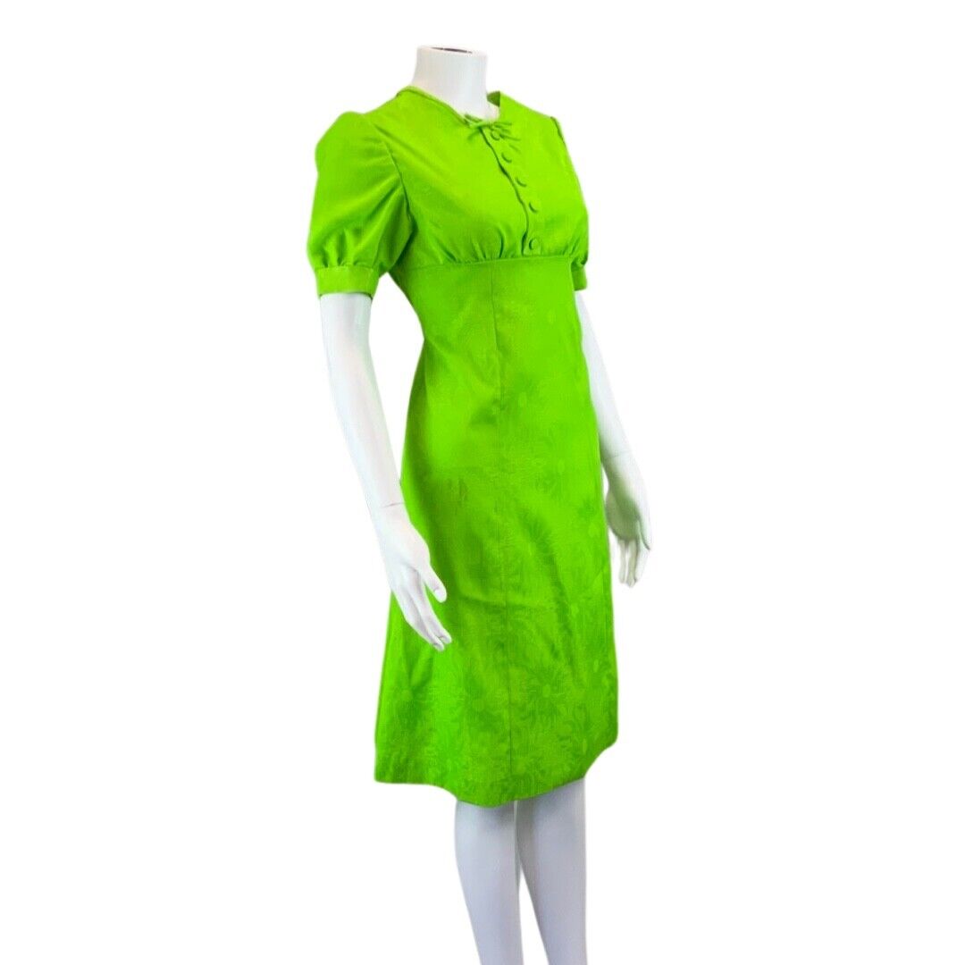 Vintage Green 60s Style Floral Bow Puff Sleeve Mod Dress 8 10 S