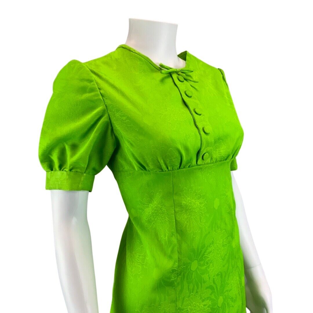 Vintage Green 60s Style Floral Bow Puff Sleeve Mod Dress 8 10 S