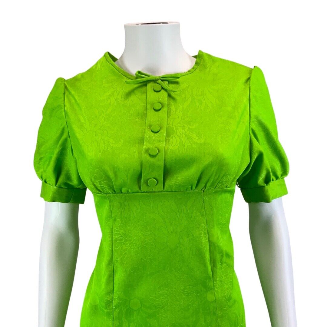 Vintage Green 60s Style Floral Bow Puff Sleeve Mod Dress 8 10 S
