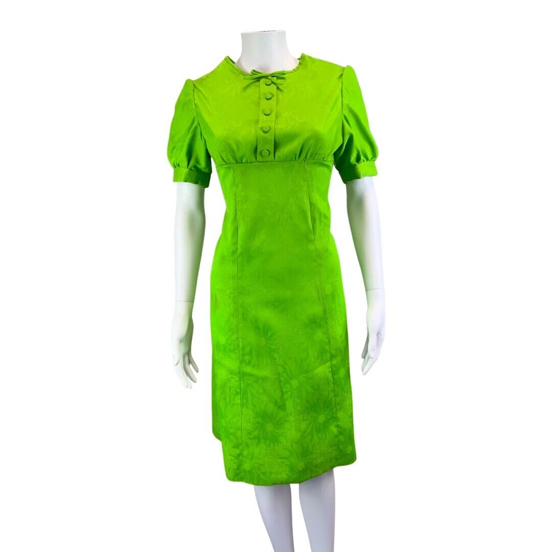Vintage Green 60s Style Floral Bow Puff Sleeve Mod Dress 8 10 S
