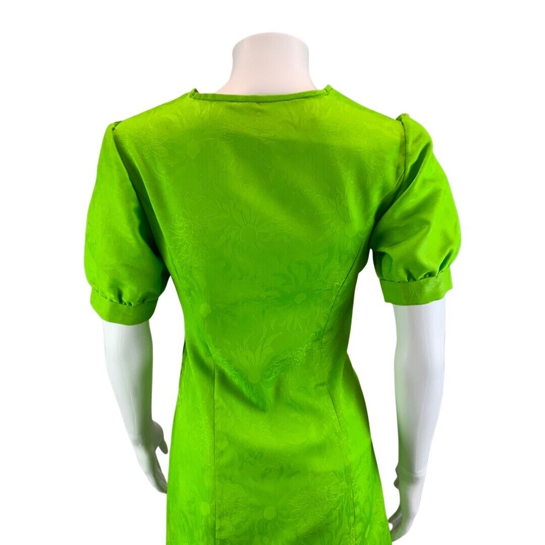 Vintage Green 60s Style Floral Bow Puff Sleeve Mod Dress 8 10 S