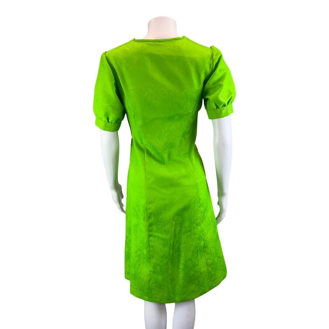 Vintage Green 60s Style Floral Bow Puff Sleeve Mod Dress 8 10 S
