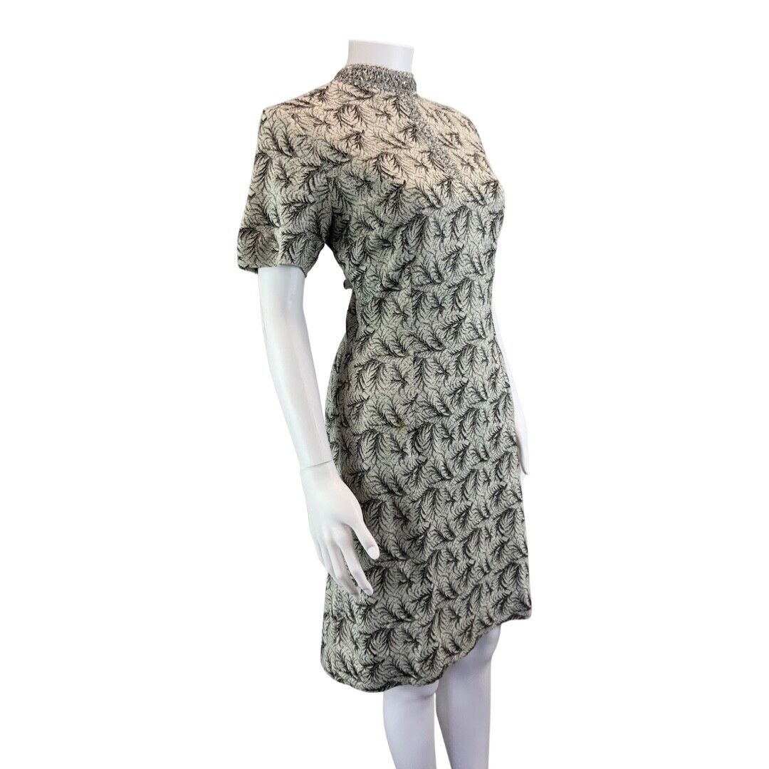 Vintage 60s 70s Silver Grey Embellished Short Sleeve Leaf Pattern Dress 8 10 S