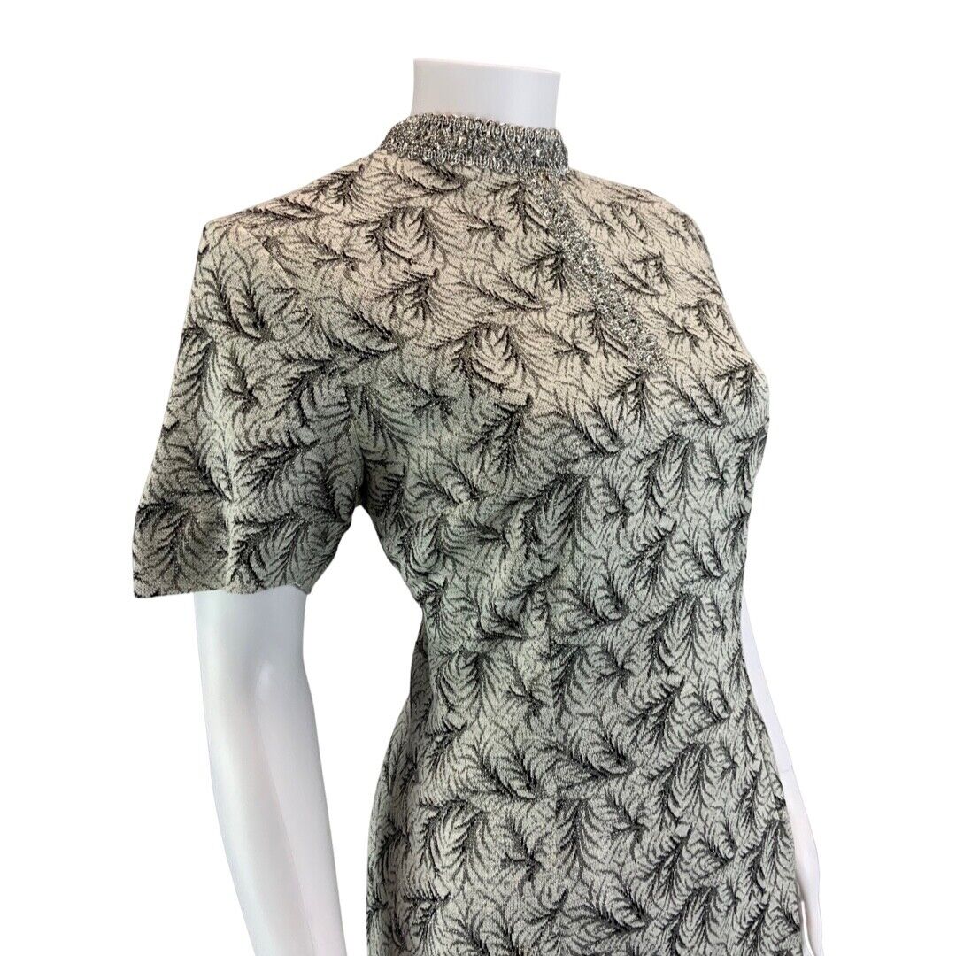 Vintage 60s 70s Silver Grey Embellished Short Sleeve Leaf Pattern Dress 8 10 S